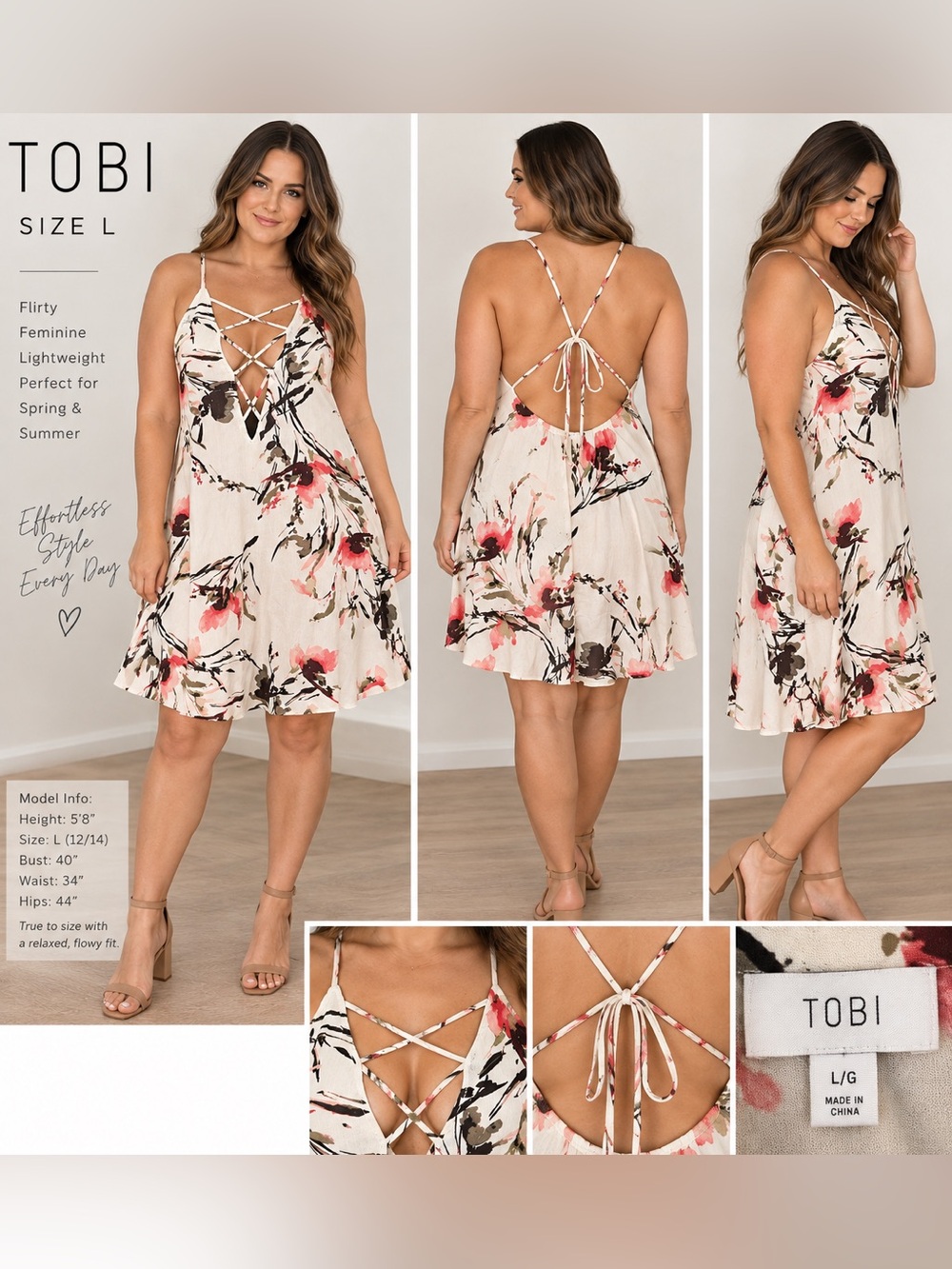 Tobi Cream Floral Backless Lace-Up Summer Dress
